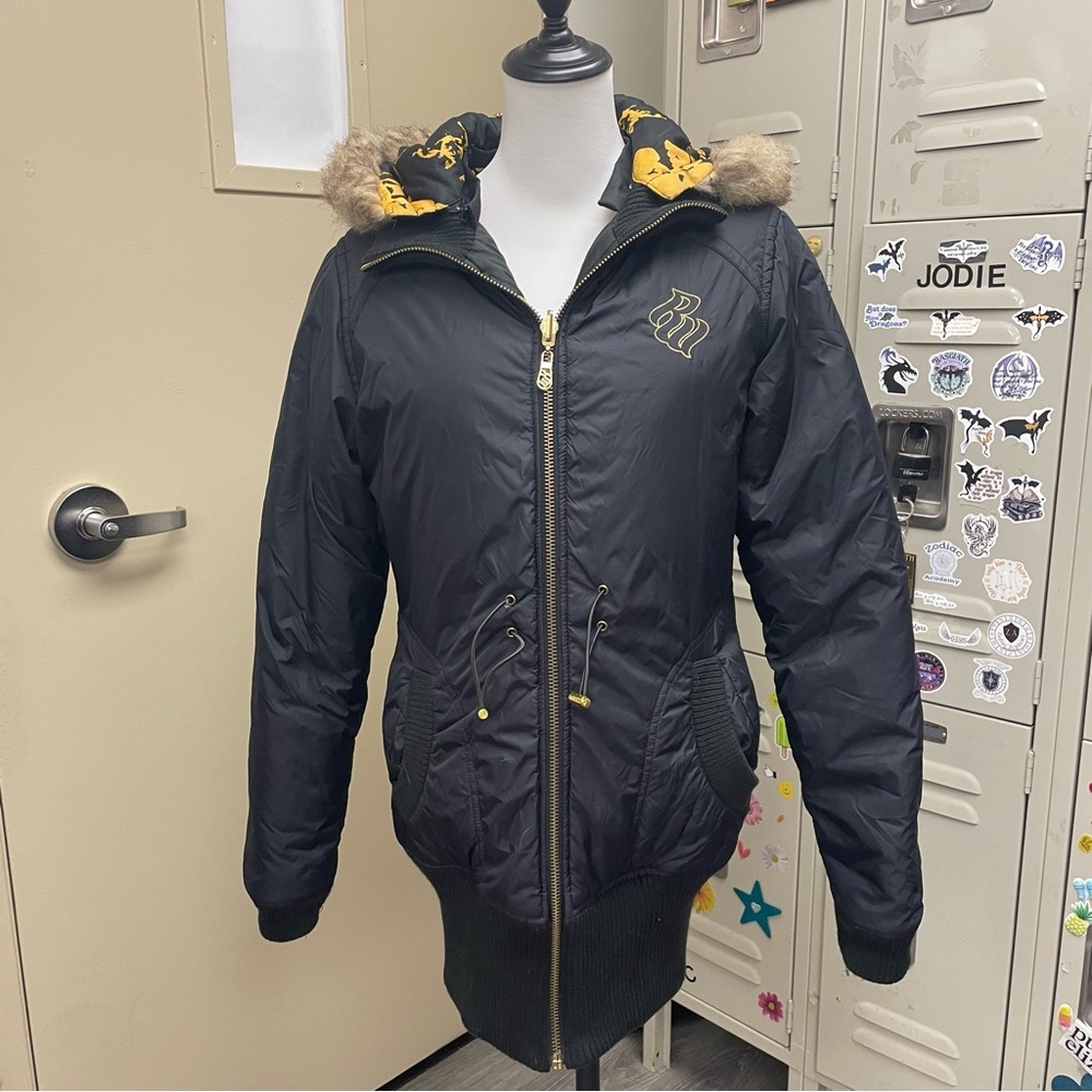 Rocawear Reversible Puffer Jacket Black  & Gold Logo L VTG FAUX FUR TRIM Y2K
